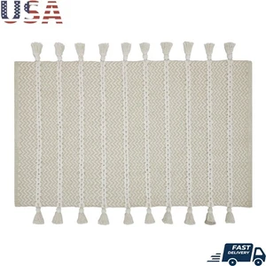 Alfombra de área de dispersión de algodón a rayas anudadas interior con flecos para sala de estar dormitorio - Imagen 1 de 6