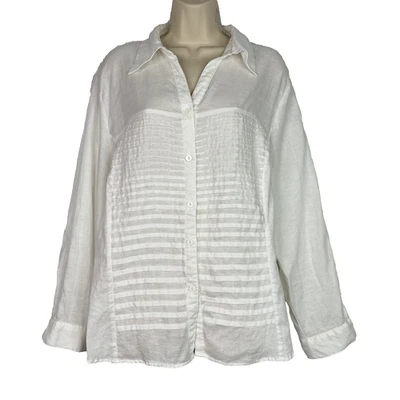 Camisa Tweeds Mujer 1X Blusa Top Blusa Texturizada Manga Larga Botones Lino Blanco Foto 1 de 4