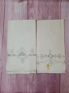 Vintage Linen Embroidered Tea Towels Set Of Two Unused From 1944 - Picture 1 of 7