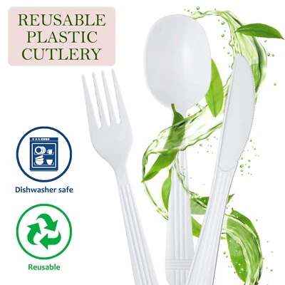 Reusable Plastic Cutlery Heavy Duty White Spoons Forks Knives Party Catering - image 1 of 3