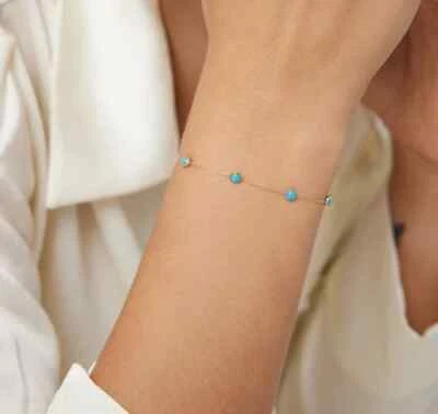 Turquoise Bracelet, 14K Solid Yellow Gold Turquoise Bracelet, Beaded Station - Image 1 of 3