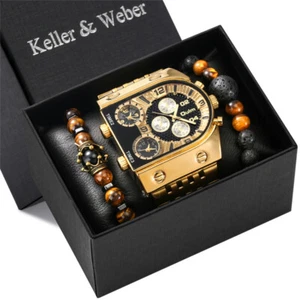 Oulm Men's Wristwatch Bracelet Set Gold Stainless Steel Square Big Dial Watches - Picture 1 of 14