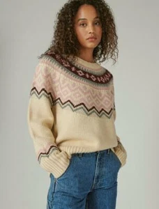 Lucky Brand Fair Isle Pullover Sweater 7W52505 Size S Cream Multi Relaxed Fit - Picture 1 of 11