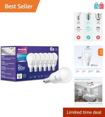 E17 Base LED Light Bulbs 6W 60W Equivalent G14 Globe Fan Bulbs 5000K Daylight 6 - Image 1 of 4