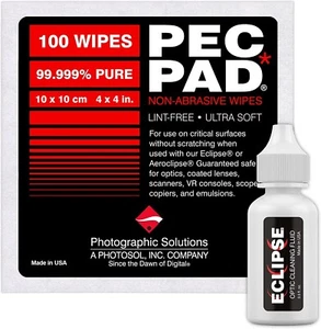 ECLIPSE 1/2oz (0.5oz) OPTIC CLEANING FLUID & 4x4 INCH PEC PAD 100 PK - PHOTOSOL - Photo 1 sur 5