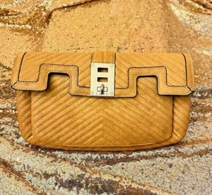 L.A.M.B By Gwen Stefani Saratoga Tan Leather Clutch Vintage Y2K Camel - Picture 1 of 7