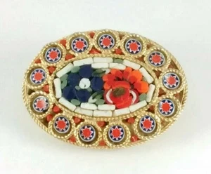 Vintage Italienische Glas Oval Blume Goldfarben Brosche Anstecknadel Mikromosaik - Bild 1 von 6