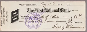 Antique 1914 Used check : 1st National Bank. Potsdam, Ohio. H.D. Ammon. Merchant - Picture 1 of 1