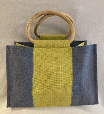 Винтажный деревянные ручки мешковина сумка синий зеленый в полоску сумочка Дамская сумка 13 x 8 Индии - Изображение 1 из 4