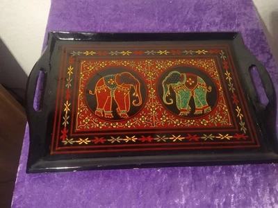 Holztablett Antik Elefanten Design Holz Ablage 34 x 23 cm - Bild 1 von 2