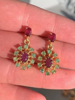 9ct gold on silver ruby and emerald large cluster earrings 7 Grams - Image 1 of 4