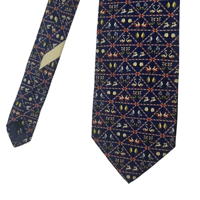 Corbata de Seda Salvatore Ferragamo Azul Gallo Cisne Pájaro Flores Hecha en Italia Larga Foto 1 de 4