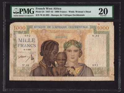 French West Africa:P-24, 1000 Francs, 1945 * PMG VF 20 * - Image 1 of 2