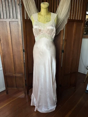Vintage 1930s Liquid Satin and Lace Bias Cut Pink Slip Dress Gown Small / Medium - Image 1 of 4