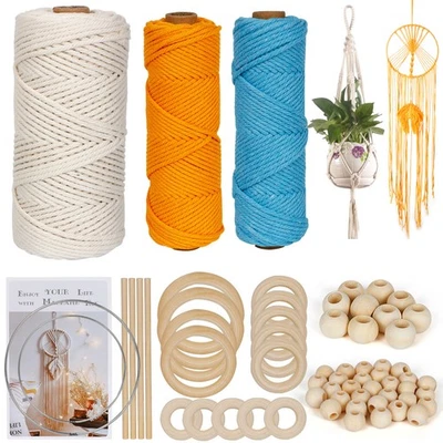Macrame DIY Crafting Kit 3 Colors of Cotton Cord With Wooden Beads Rings Sticks - image 1 of 4