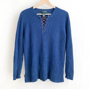 Lauren Ralph Lauren Sweater sz 1X Silk Linen Cotton Blue Ribbed Leather Laces - Picture 1 of 8