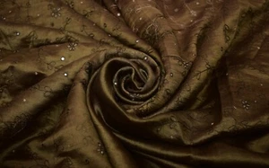 Vintage Brown Beaded Embroidered Saree Pure Silk Sari 5Yd Craft Decor Fabric - Picture 1 of 3