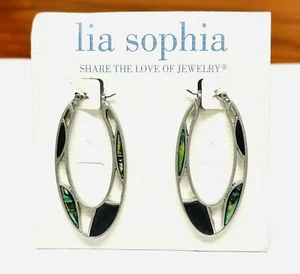 Lia Sophia "Antigua” Genuine Abalone Silver Tone Oval Hoop Earrings - Picture 1 of 3