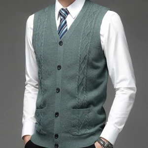Men Thick Knitted Cardigan Waistcoat with Pocket Sleeveless V-neck Vest Casual - Picture 1 of 27