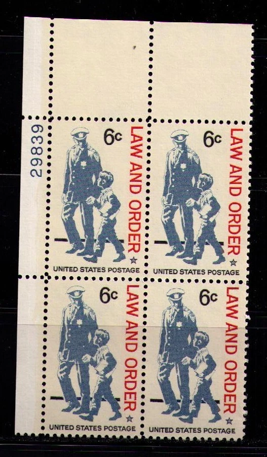US USA Sc# 1343 MNH FVF Plate# Block Law & Order Policeman Boy Child Cap Uniform - Image 1 of 1