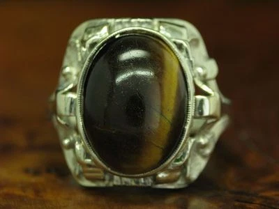 835 Anello IN Argento Con Occhio di Tigre Ricoperto / Vero / 6,8g / Rg 58 - Immagine 1 di 3