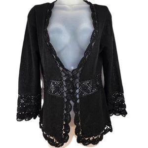 Nanette Lepore Cardigan Sz M Crochet Feminine Whitchy Coquette Black Whimsigoth - Picture 1 of 8