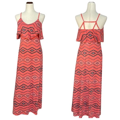 Xhilaration 珊瑚阿兹特克印花长裙无袖荷叶边休闲波西米亚中号 — 第 1/4 张图片