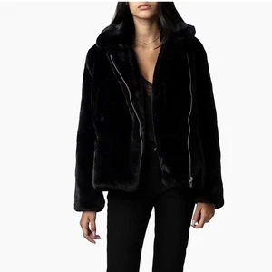 Zadig & Voltaire Black Freeze Faux Fur Vegan Luxury Jacket Women’s Medium/Large - Picture 1 of 13
