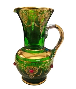 ANTIKER MOSER KUNST GLAS BÖHMISCHER KRUG HANDBEMALT SMARAGDGRÜN, ROT, VERGOLDET - Bild 1 von 11