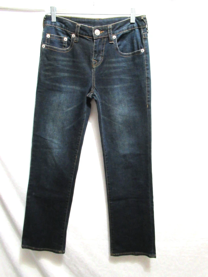 Jeans True Religion Youth unissex tamanho 14 perna reta lavagem escura desgastada - Imagem 1 de 4