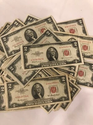 ✯1953-1963 Circulated Lot of 5 RARE Two Dollar Bill $2 Note Fancy Red Seal Paper - Image 1 of 4