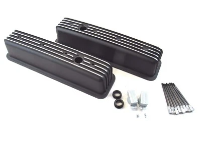 Chevy 350 383 Tall Alum. Finned Center Bolt Vortec Valve Cover Black E41021BK - Image 1 of 2