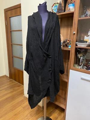 BARBARA SPEER BLACK LINEN CRINKLED OVERSIZED ASYMMETRIC HEM LOOSE HOODED SHRUG- - Image 1 of 4