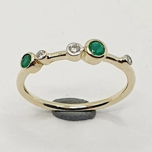 Thin Bubble Diamond & Emerald 9ct Yellow Gold Ring Thin Band - Picture 1 of 12