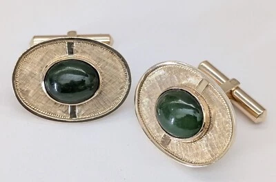 Gemelos grabados a mano con textura de jade de oro amarillo de 18 quilates de mediados de siglo Foto 1 de 4