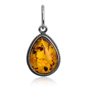 925 Solid Sterling Silver Honey Baltic Amber Filigree Beautiful Drop Pendant - Picture 1 of 6
