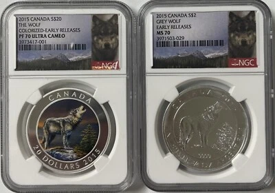 2015 Canadian Silver The Wolf Colorized 2 Coin Set NGC PF/MS 70 ER - Image 1 of 2