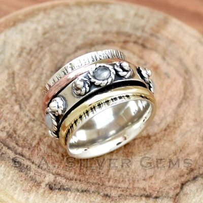 Anillo Piedra Lunar, Anillo Tres Tonos, Anillo Giratorio Hecho a Mano, Anillo Mujer Foto 1 de 3