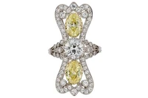GIA Certified 3.41 Carat Three Stone Yellow Antique Diamond Cocktail Ring - Picture 1 of 7