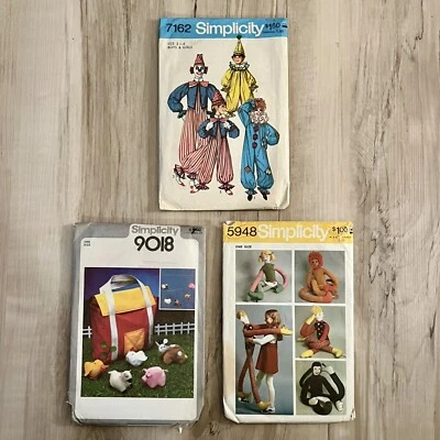 Vintage Lot Of 3 SIMPLICITY Sewing Pattern Toy Clown Costume Barnyard Animal 70s - Image 1 of 4