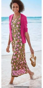 J Jill Maxi Dress SZ L Jersey Floral Sleeveless Coastal Green Pink Stretch Comfy - Picture 1 of 13