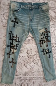 Crysp Denim Men’s Distressed Jeans Size 42 /34 Gothic Crosses Sewn Designs New - Picture 1 of 6