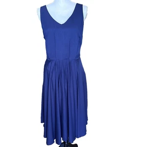 Modcloth sz L Sleeveless Dress V-neck Fit and Flare Blue Back Zip and Bow - EUC - Picture 1 of 8