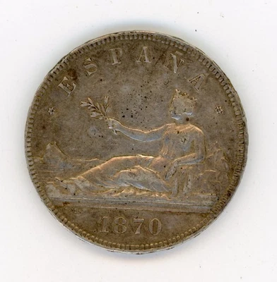 Spain España Gob Provisional 5 Pesetas 1870  *18 70 Madrid SN M Silver KM 655 VF - Image 1 of 3