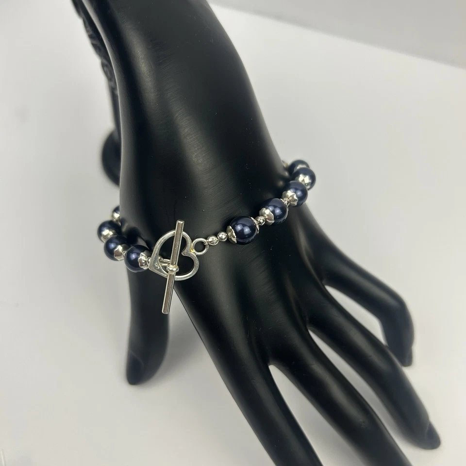 925 Sterling Silver Navy Blue Pearl Beaded Bracelet Heart Toggle Clasp 7.5" - Image 1 of 1