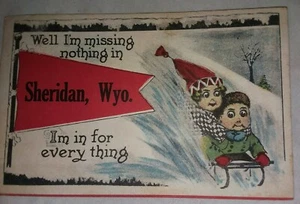 1913 Sheridan Wyoming Pennant serie 910 cartolina Taylor Pratt Co NY giro in slitta - Foto 1 di 2