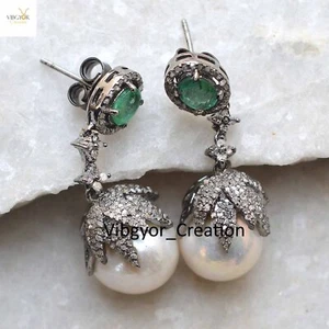 Pave Diamond Pearl Earrings 925 Sterling Silver Emerald Jewelry Gift For Wife - Picture 1 of 5