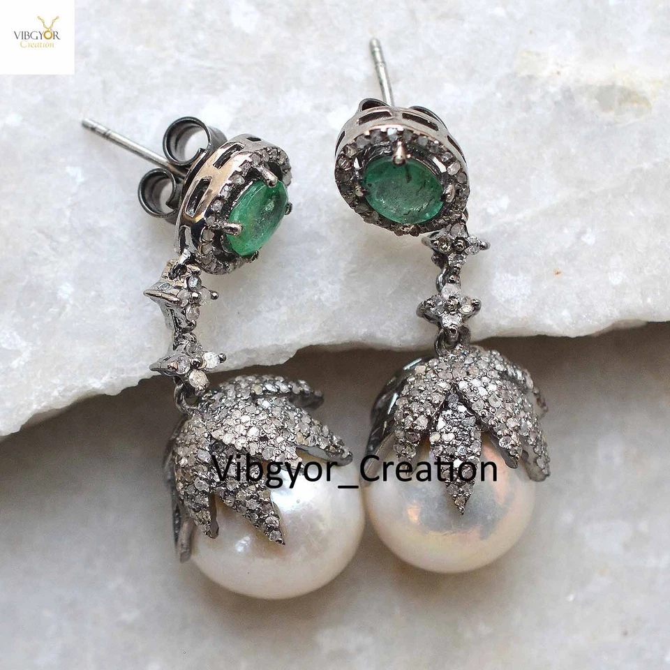 Pendientes de perlas de diamantes pavé de plata de ley 925 esmeralda joyería regalo para esposa Foto 1 de 4