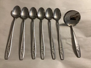 Maybrook Rose Stainless by Oneida Silver, 6 Iced Tea spoons & 1–Gravy Ladle - Picture 1 of 21
