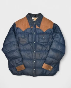 Vintage Woolrich Jacket XL Puffer Pearl Snap Western Goose Down Leather Yoke - Picture 1 of 11